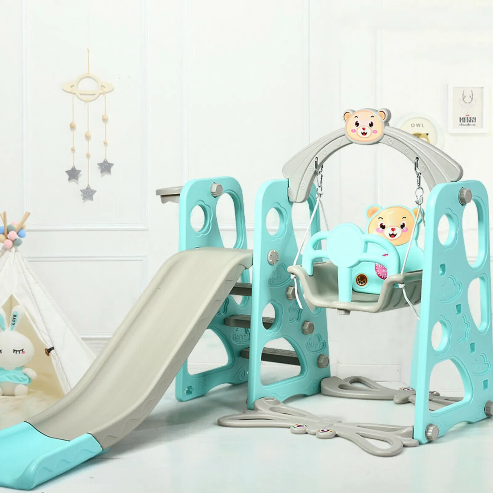 Kinder Little Helper Umweltfreundlich | Ungiftig | 3-in-1-Schaukel- und Rutschenset für Kleinkinder | Drinnen und draußen | Aquamarin und Grau | 1–6 Jahre