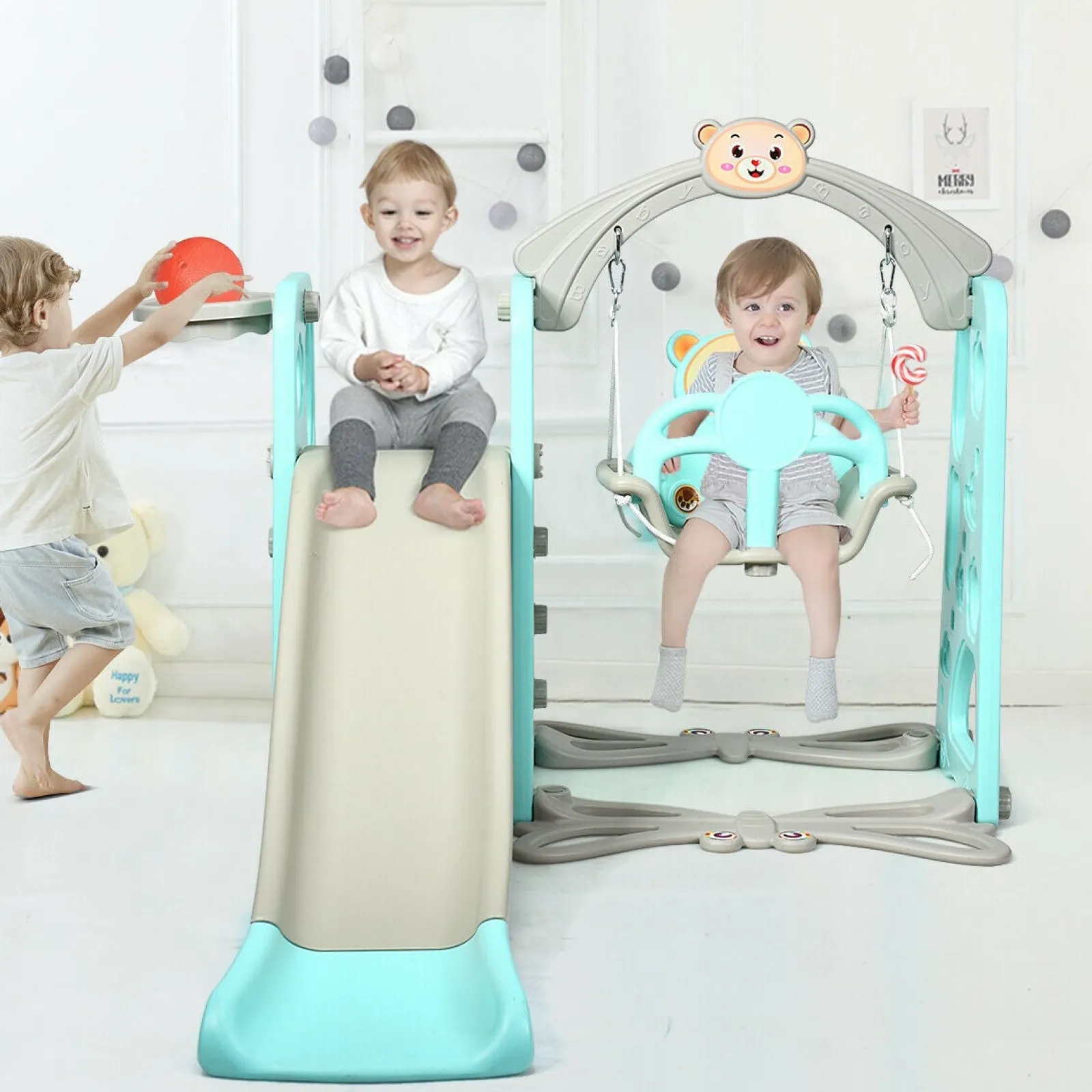 Kinder Little Helper Umweltfreundlich | Ungiftig | 3-in-1-Schaukel- und Rutschenset für Kleinkinder | Drinnen und draußen | Aquamarin und Grau | 1–6 Jahre