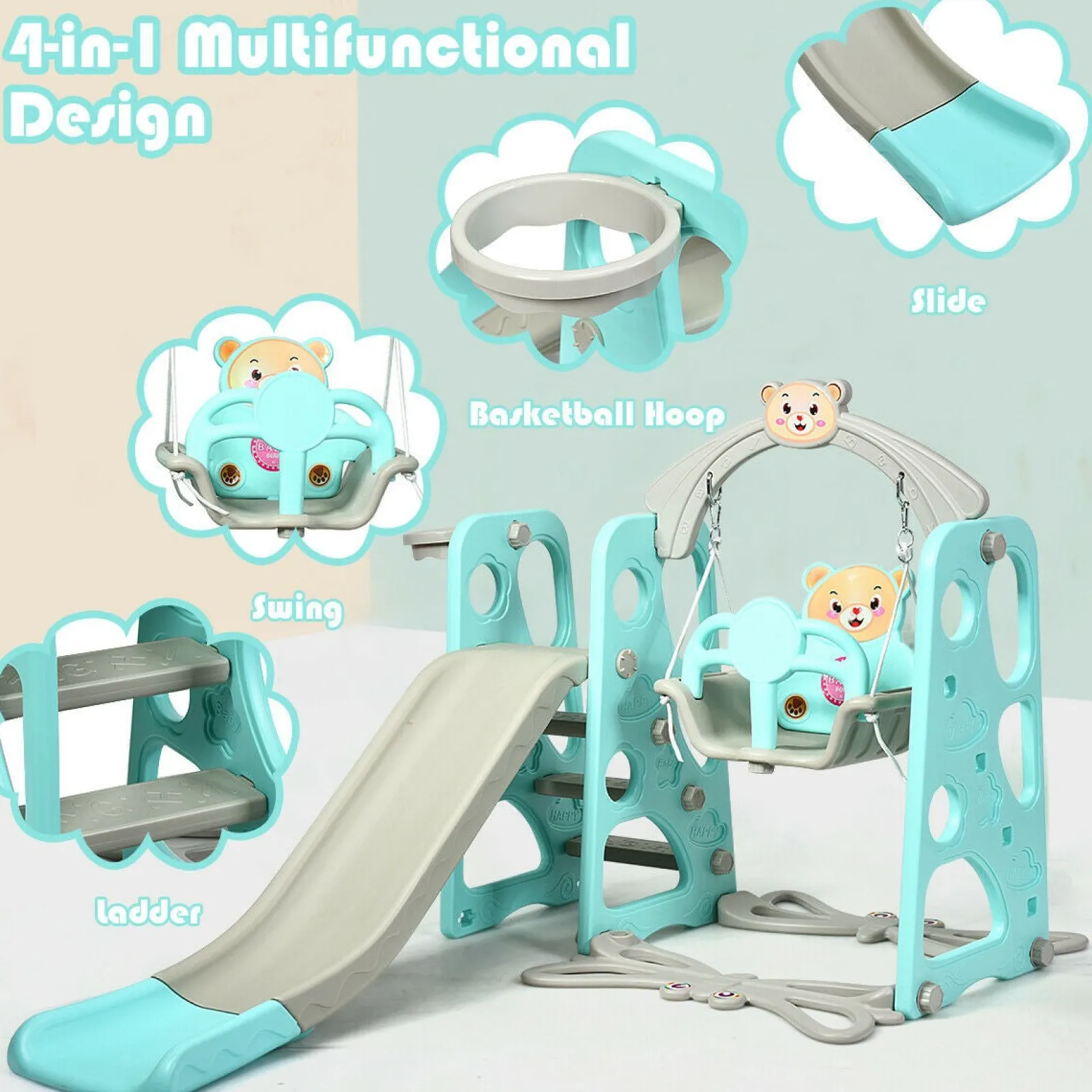 Kinder Little Helper Umweltfreundlich | Ungiftig | 3-in-1-Schaukel- und Rutschenset für Kleinkinder | Drinnen und draußen | Aquamarin und Grau | 1–6 Jahre