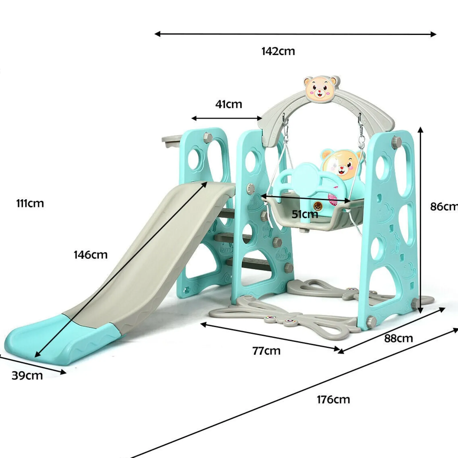 Kinder Little Helper Umweltfreundlich | Ungiftig | 3-in-1-Schaukel- und Rutschenset für Kleinkinder | Drinnen und draußen | Aquamarin und Grau | 1–6 Jahre