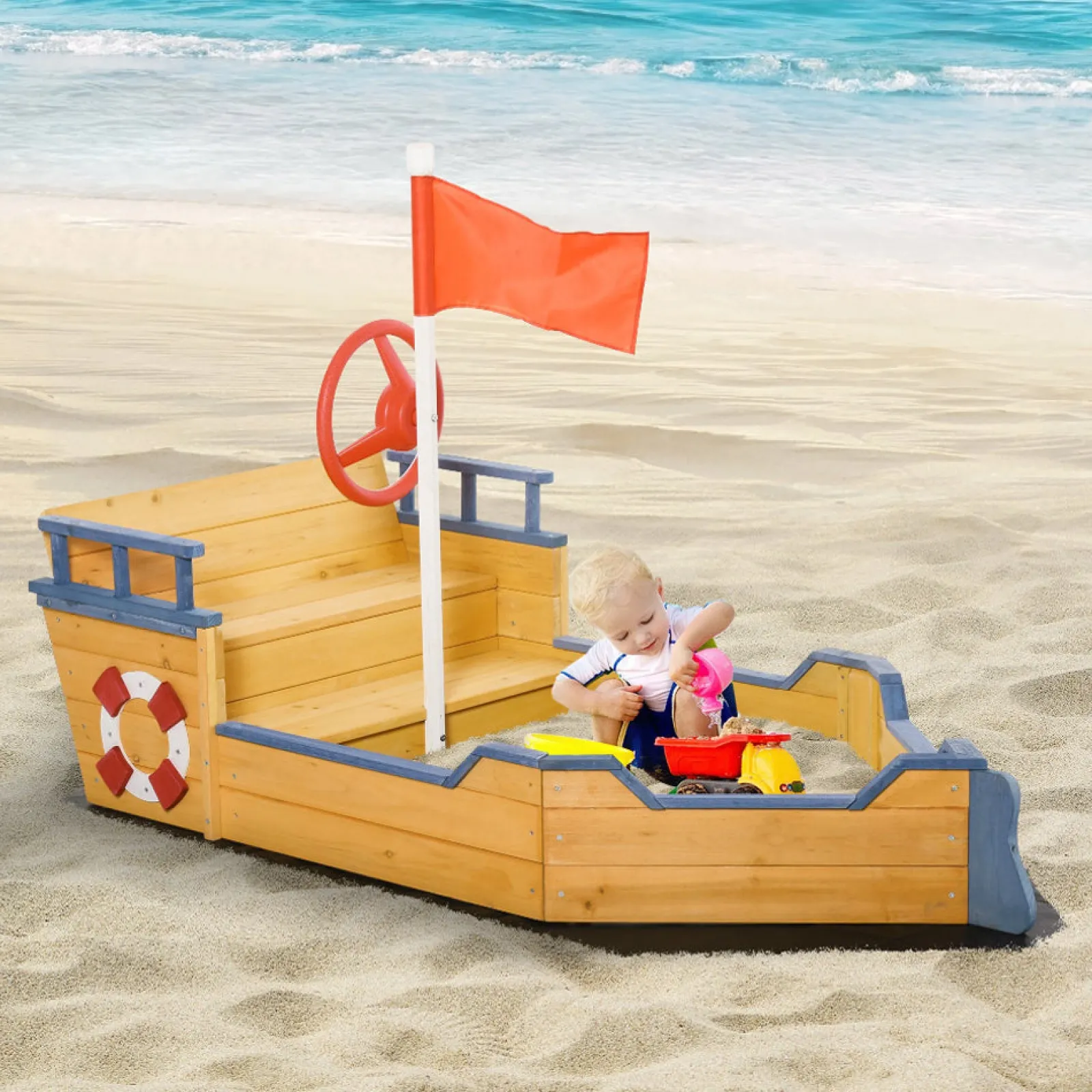 Little Helper Umweltfreundlicher robuster Sandkasten und Sandkasten aus Zedernholz für Kinder in Form eines Piratenschiffs | 3-6 Jahre