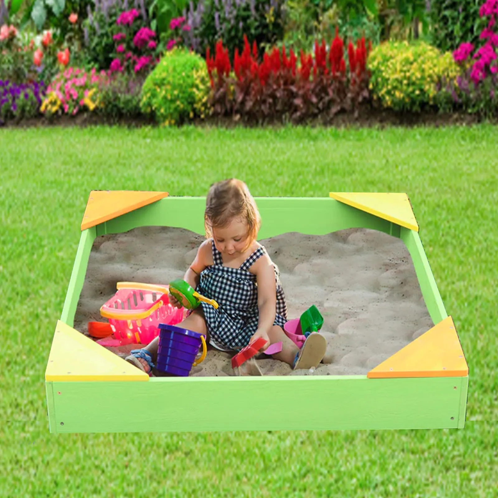 Little Helper 100 % umweltfreundlicher, verrottungsbeständiger FSC-zertifizierter Montessori-Sandkasten aus Zypressenholz | Bodeneinlage | Wasserdichte Abdeckung | 90 x 90 cm