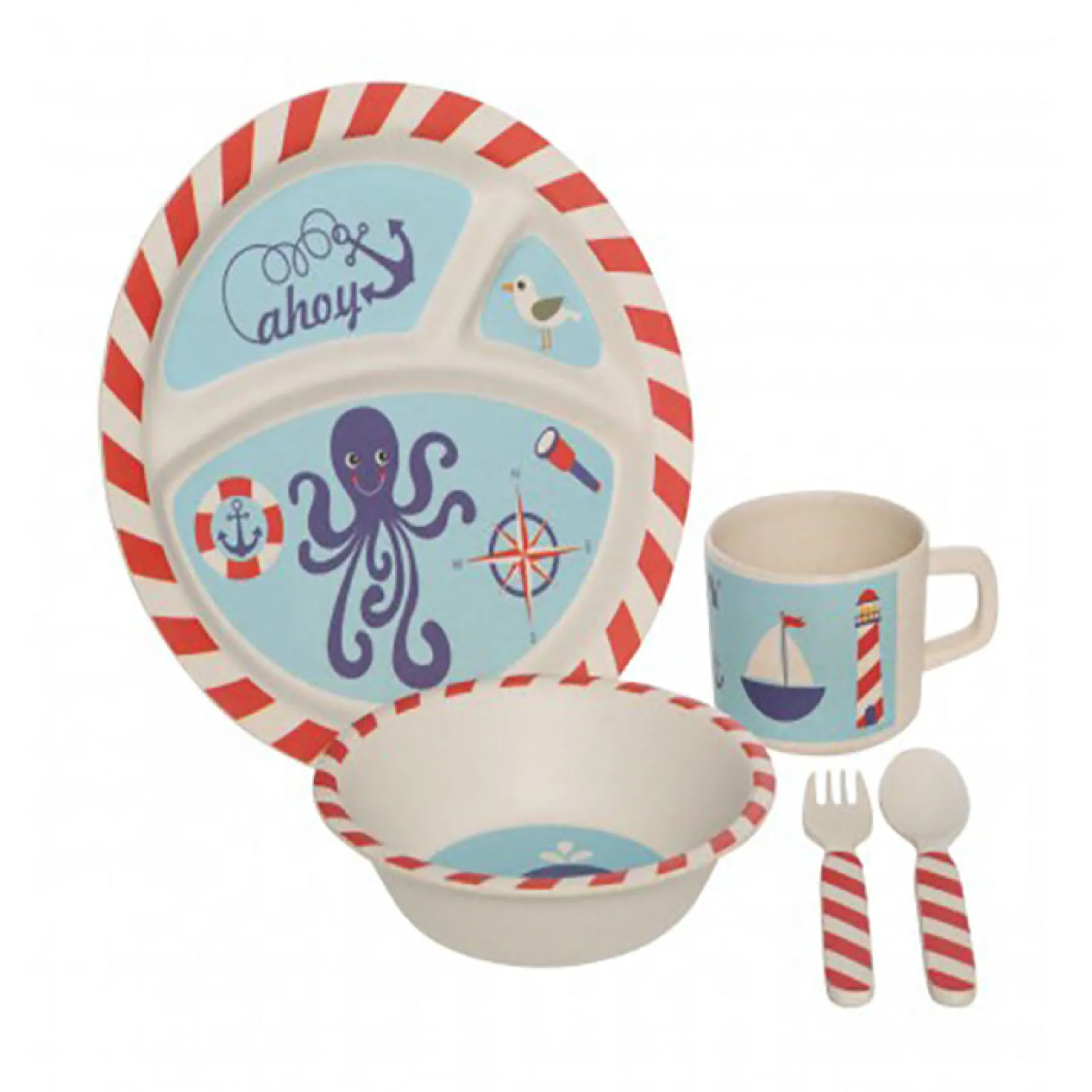Little Helper Umweltfreundliches Bambus-Essset Für Babys Und Kleinkinder | 5-Teiliges Set | Nautisches Design