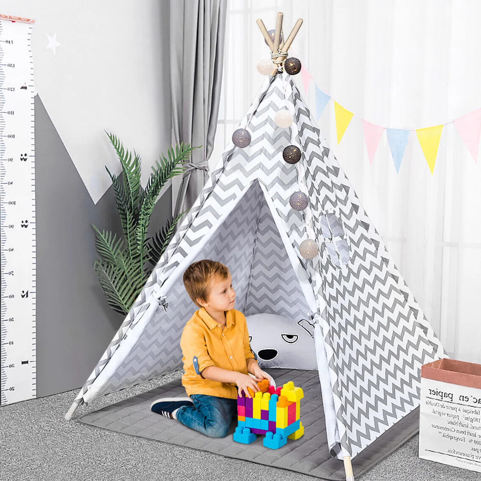 Little Helper Umweltfreundliches indisches Tipi-Zelt für Kinder | Bodenmatte | Spielhaus | Baumwolle | Weiß und Grau
