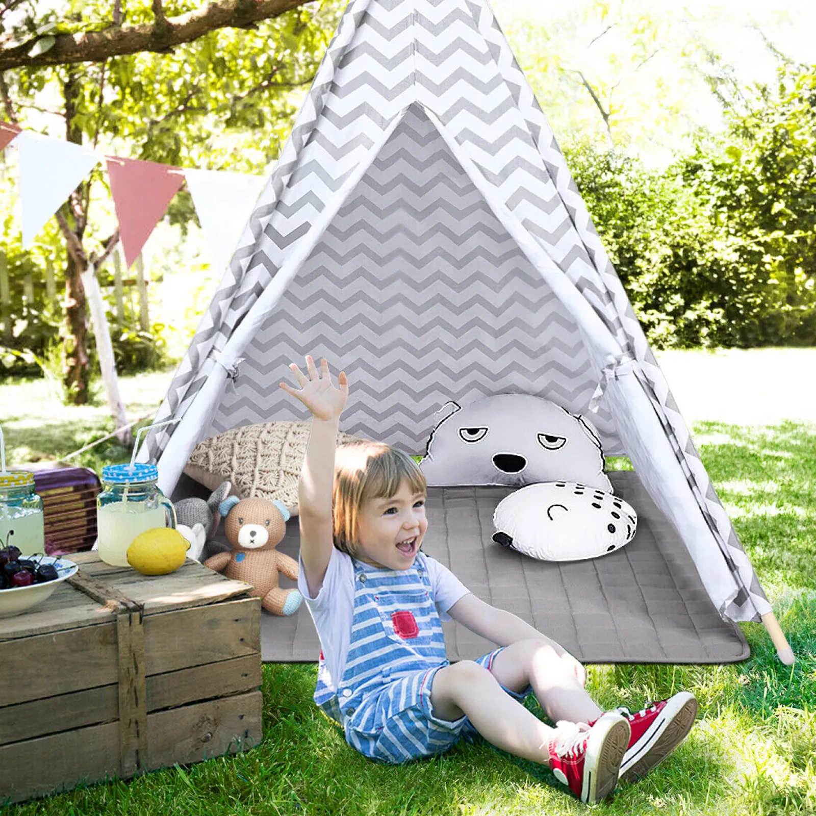 Little Helper Umweltfreundliches indisches Tipi-Zelt für Kinder | Bodenmatte | Spielhaus | Baumwolle | Weiß und Grau