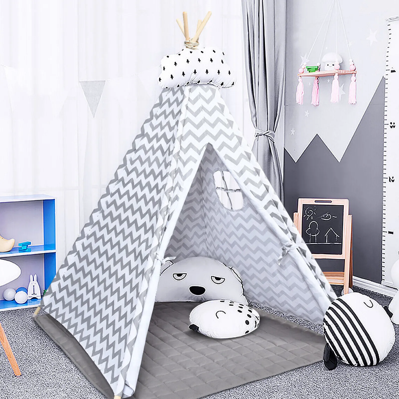 Little Helper Umweltfreundliches indisches Tipi-Zelt für Kinder | Bodenmatte | Spielhaus | Baumwolle | Weiß und Grau