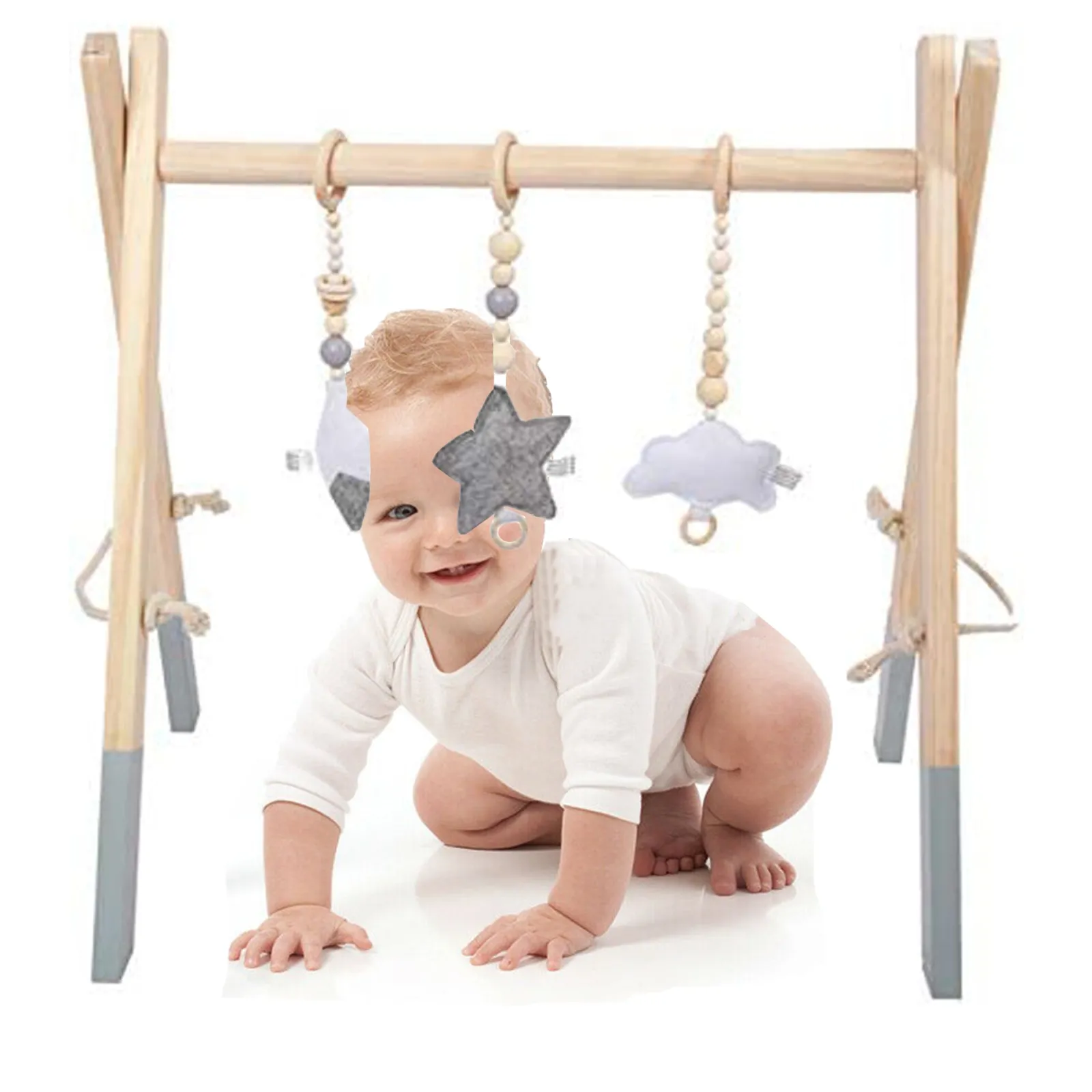Kinder Little Helper Umweltfreundliches Montessori-Baby-Fitnessstudio aus 100 % natürlichem Kiefernholz | faltbar | Natur und Grau | 3M+