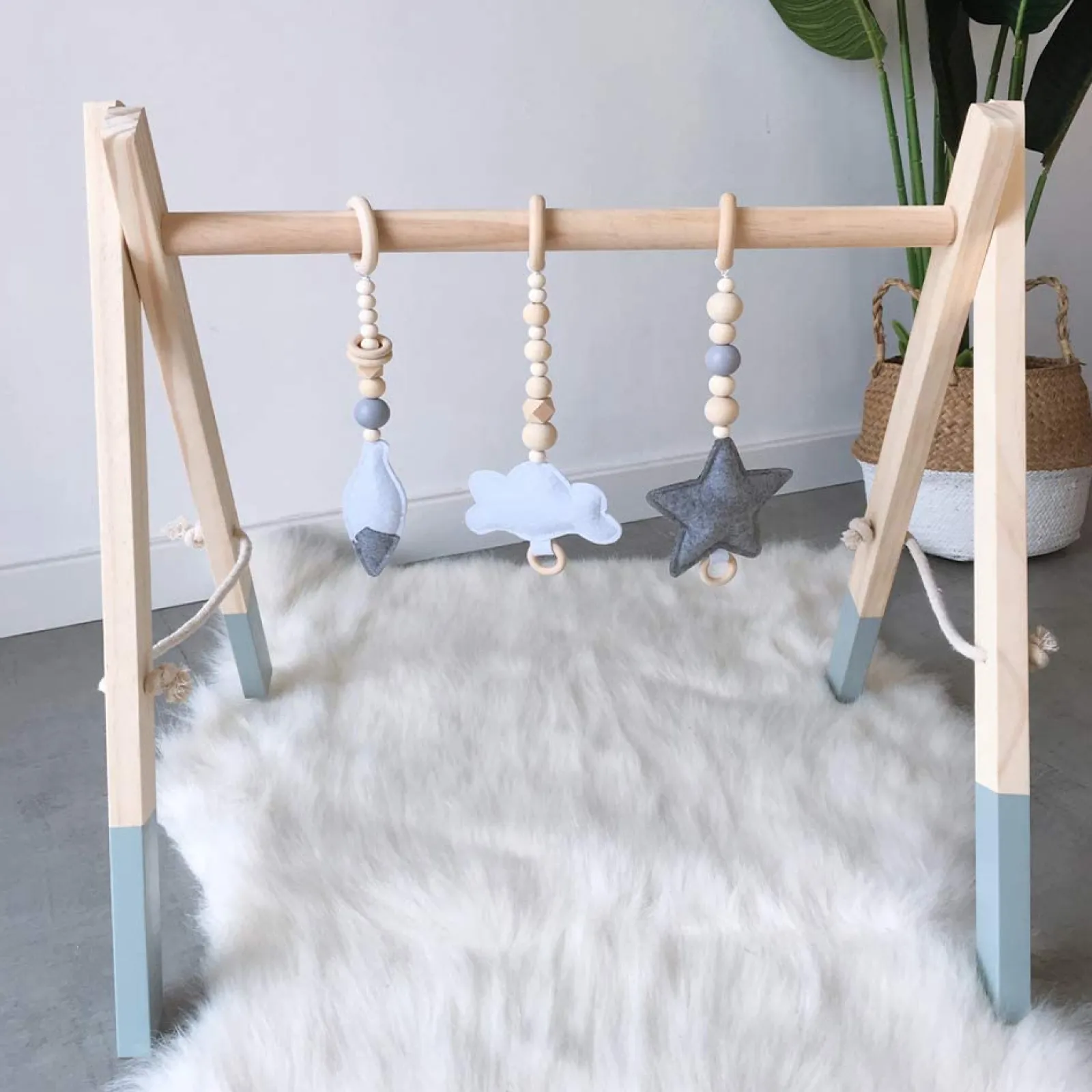 Kinder Little Helper Umweltfreundliches Montessori-Baby-Fitnessstudio aus 100 % natürlichem Kiefernholz | faltbar | Natur und Grau | 3M+