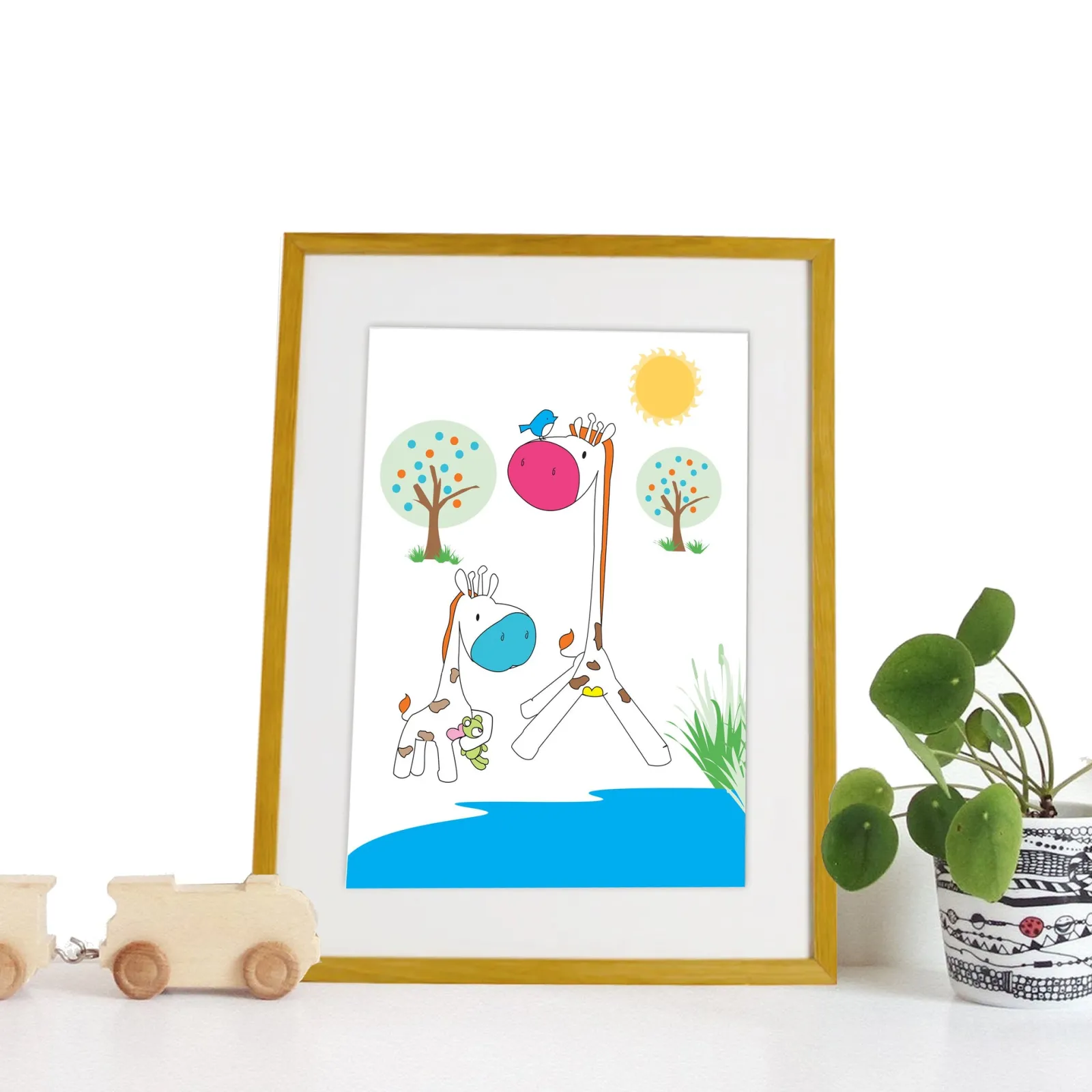 Kinder Little Helper Wandkunst fürs Kinderzimmer | Drucke fürs Kinderzimmer | Leinwandbild fürs Kinderzimmer – Mama und Baby-Giraffe an der Wasserstelle