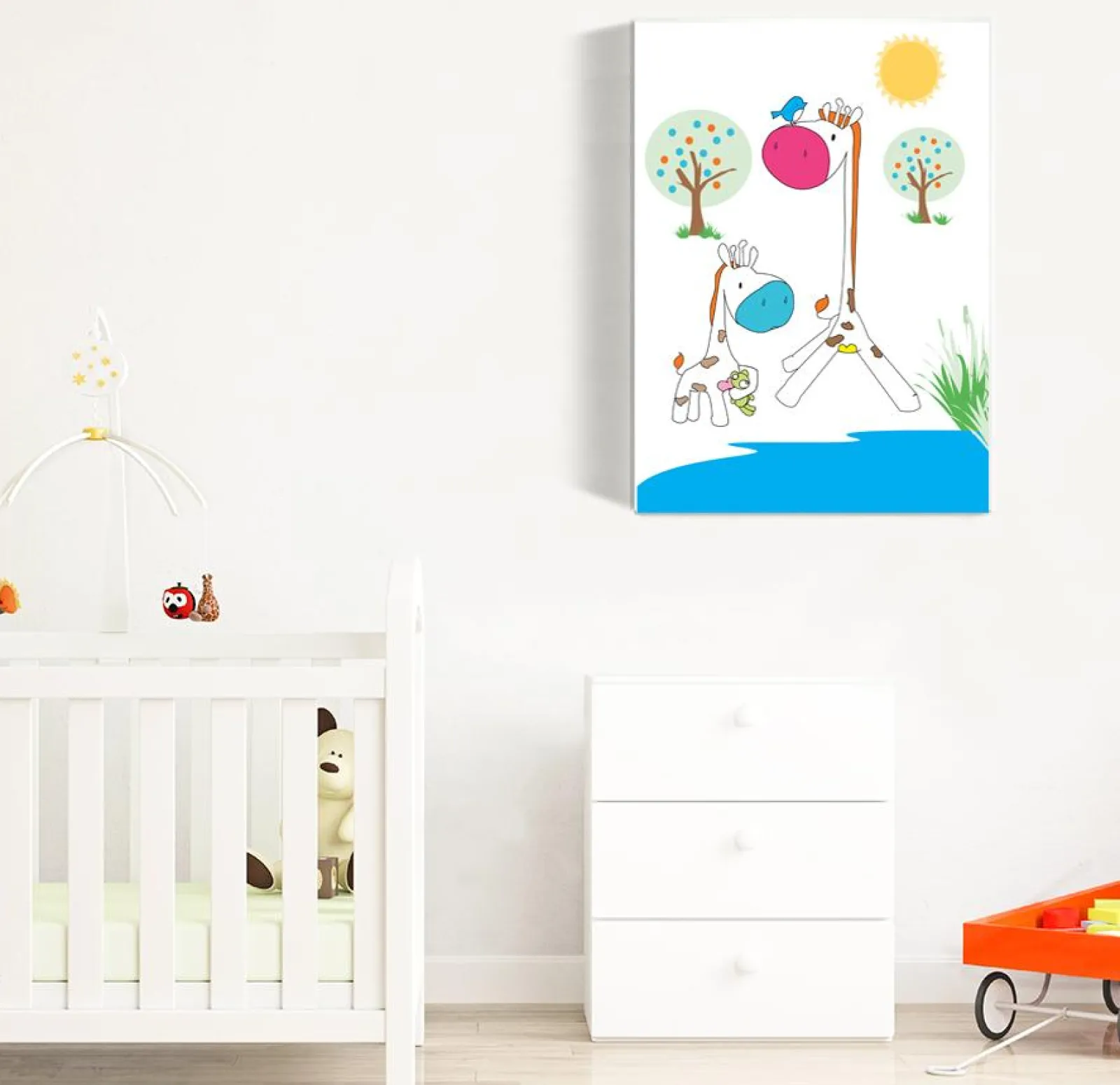 Kinder Little Helper Wandkunst fürs Kinderzimmer | Drucke fürs Kinderzimmer | Leinwandbild fürs Kinderzimmer – Mama und Baby-Giraffe an der Wasserstelle
