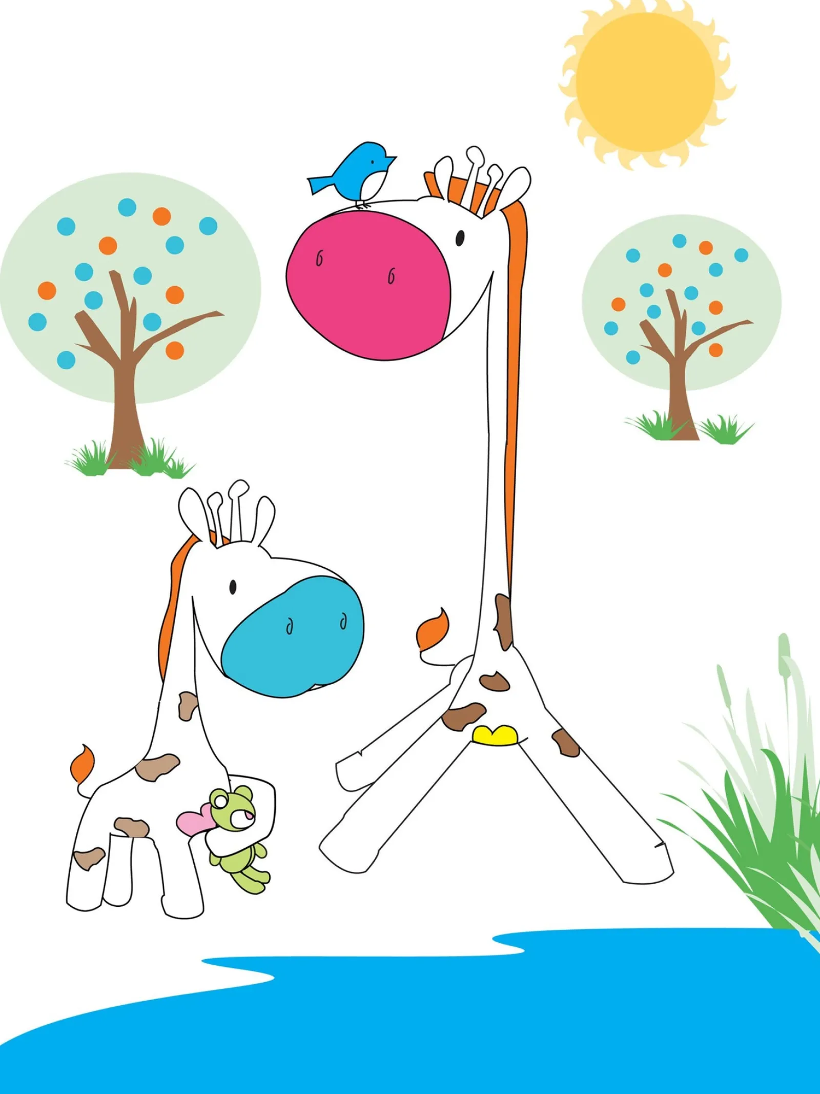 Kinder Little Helper Wandkunst fürs Kinderzimmer | Drucke fürs Kinderzimmer | Leinwandbild fürs Kinderzimmer – Mama und Baby-Giraffe an der Wasserstelle