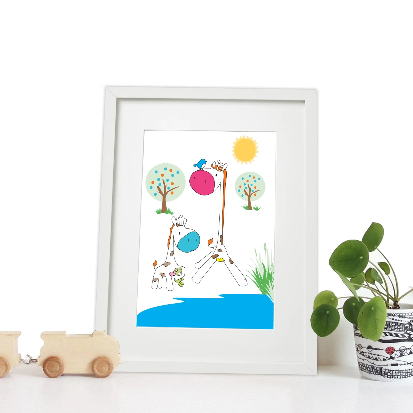 Kinder Little Helper Wandkunst fürs Kinderzimmer | Drucke fürs Kinderzimmer | Leinwandbild fürs Kinderzimmer – Mama und Baby-Giraffe an der Wasserstelle