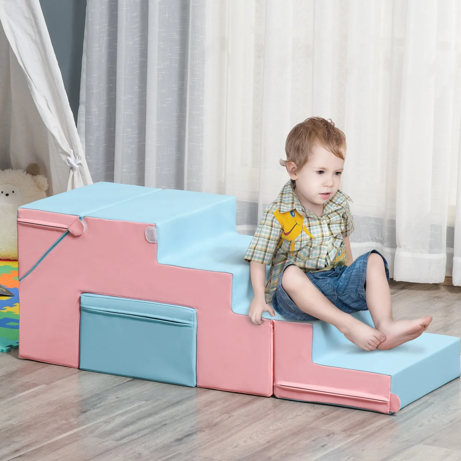 Kinder Little Helper Weiche Spielgeräte für den Innenbereich | Montessori-Spielset aus Schaumstoff | Zartrosa und Blau | 1–3 Jahre