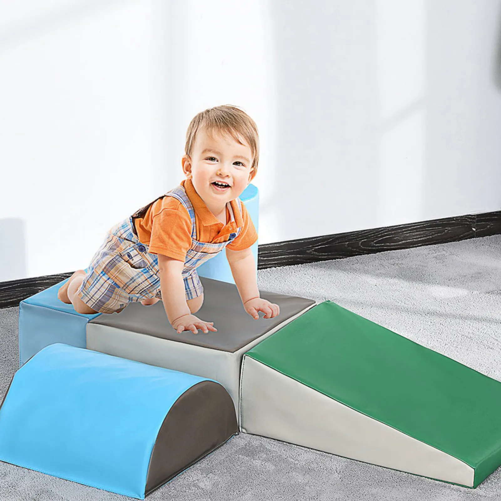 Kinder Little Helper Weiche Spielgeräte für den Innenbereich | 5-teiliges Montessori-Spielset aus Schaumstoff | Weiche Rutsche | Blau und Grün | 1–3 Jahre