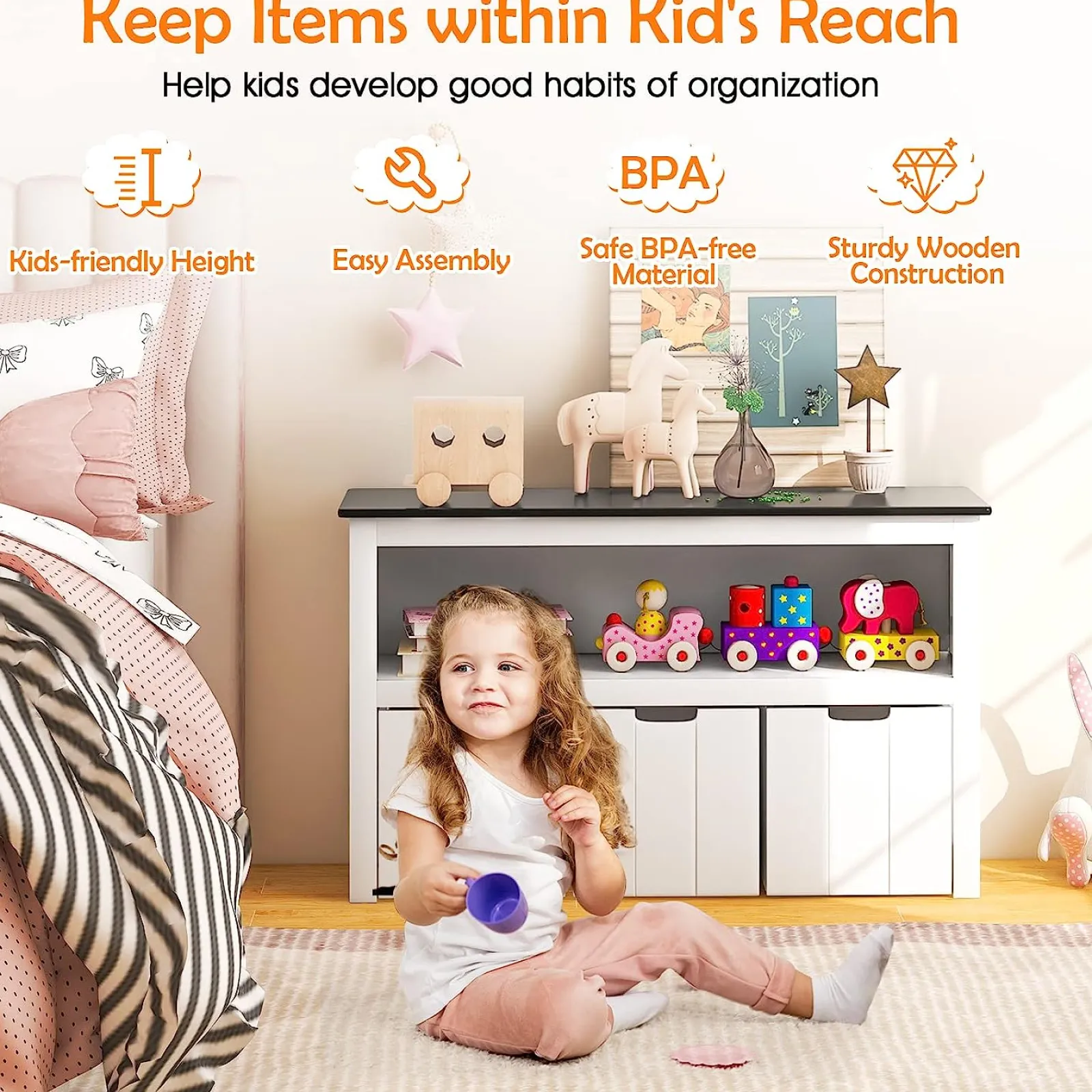 Kinder Little Helper Weiße 2-in-1-Aufbewahrungseinheit für Kinderspielzeug | Aufbewahrungsschrank | 1 Regal | 3 Schubladen | 2 Farben