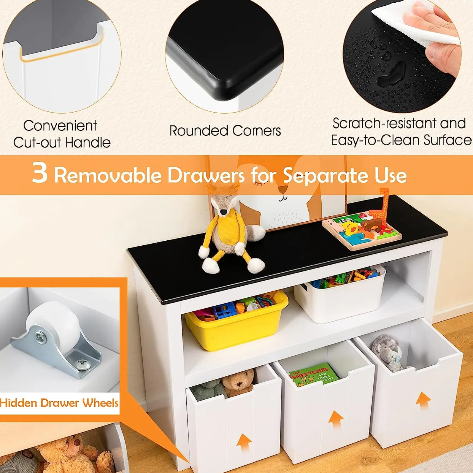 Kinder Little Helper Weiße 2-in-1-Aufbewahrungseinheit für Kinderspielzeug | Aufbewahrungsschrank | 1 Regal | 3 Schubladen | 2 Farben
