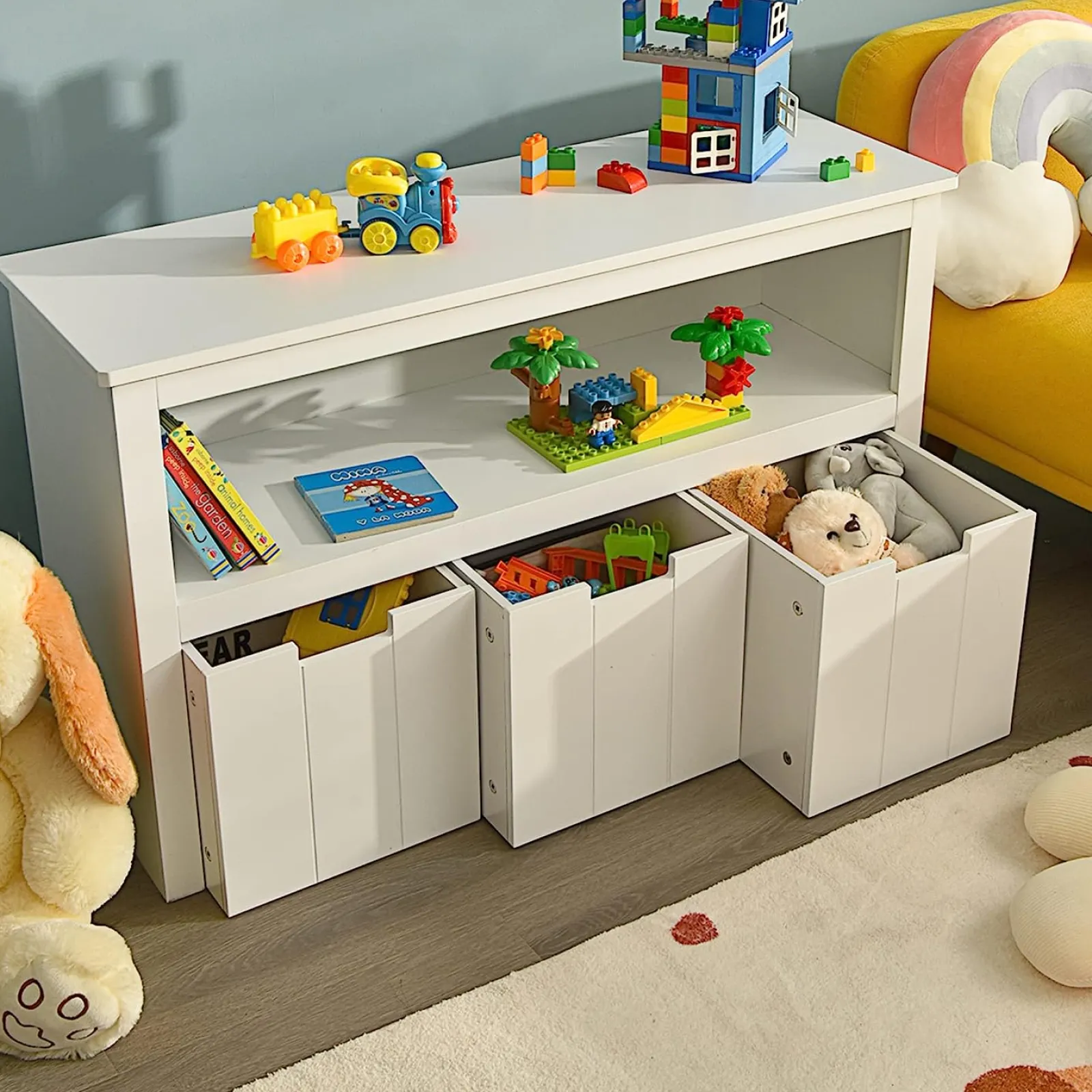 Kinder Little Helper Weiße 2-in-1-Aufbewahrungseinheit für Kinderspielzeug | Aufbewahrungsschrank | 1 Regal | 3 Schubladen | 2 Farben