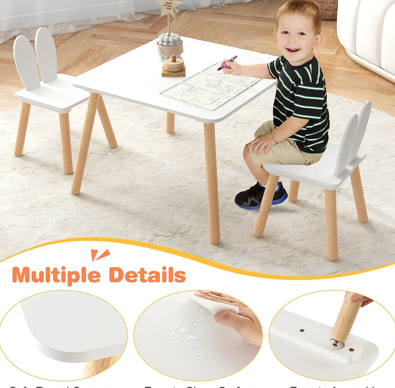Kinder Little Helper Weißer Holztisch und 2 Stühle im Set | Moderner Aktivitätsschreibtisch für Kinder | Weiß | Massivholz