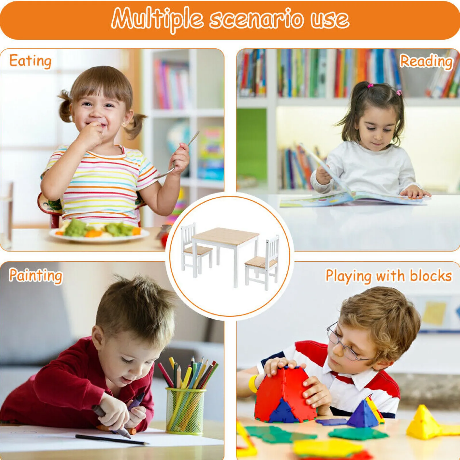 Kinder Little Helper Weißer Montessori-Tisch und 2 Stühle aus Naturholz für Kinder | Ab 3 Jahren
