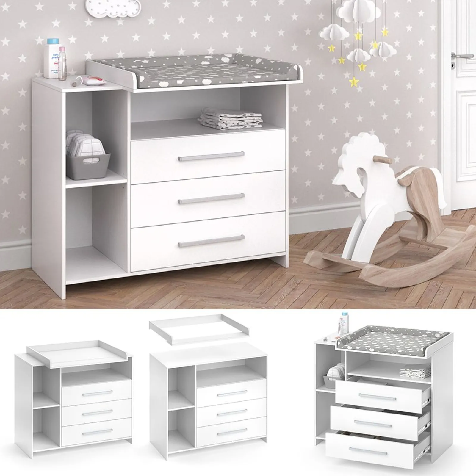 Kinder Little Helper Wickelkommode | Stauraum & 3 Schubladen | Hochwertiges, modernes Design | 113 x 100 x 53 cm | Weiß