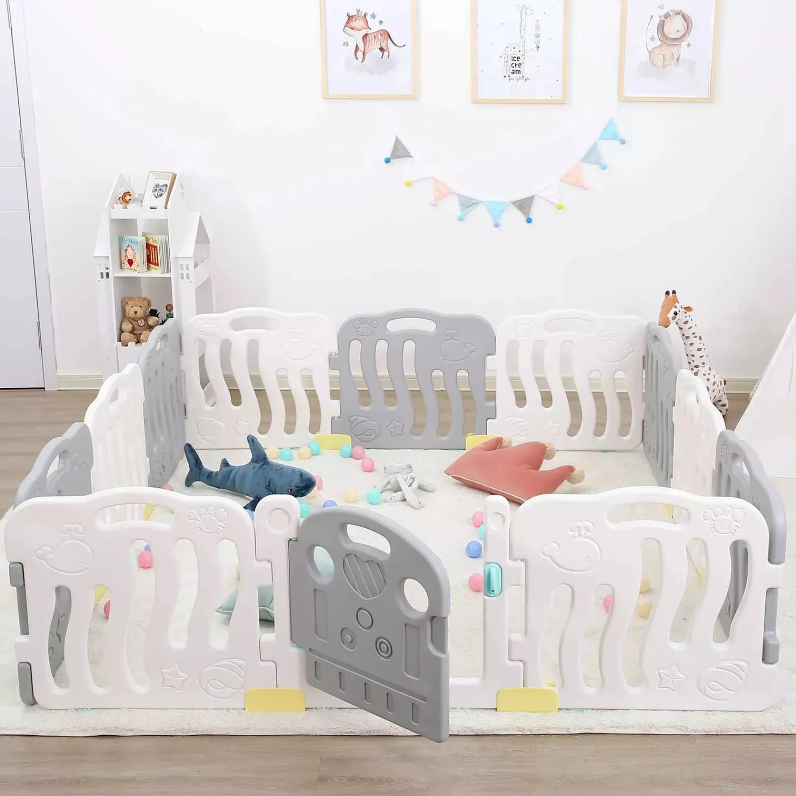 Kinder Little Helper XXL 18 Paneele BPA-freier faltbarer Baby-Laufstall und Bällebad | Modular | Grau & Weiß | 3-36m