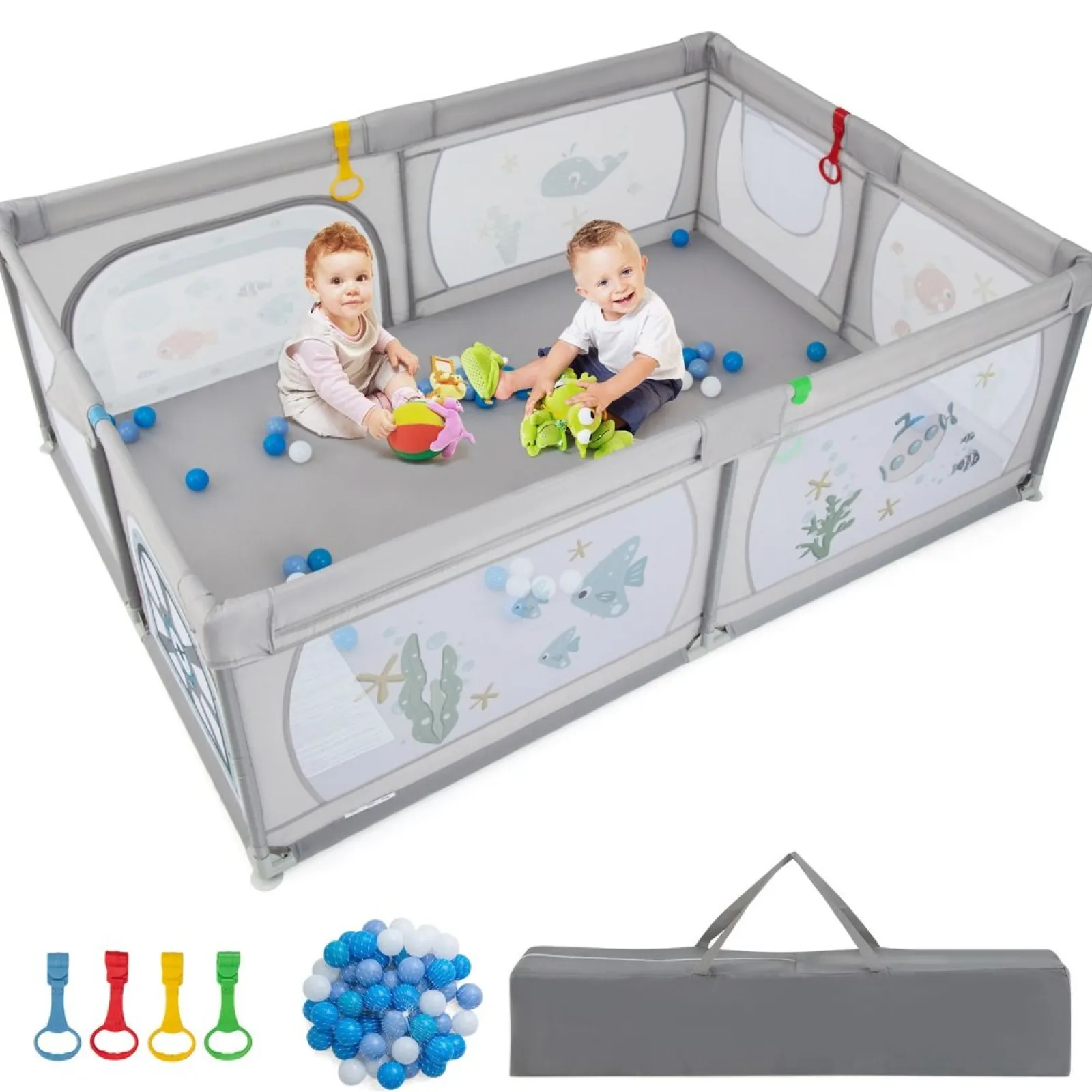 Kinder Little Helper XXL Baby Laufgitter und Bällebad mit Tragetasche & Aufziehringen | Netzgewebe | 2,5 x 1,47 m | Fish Friends | Grau