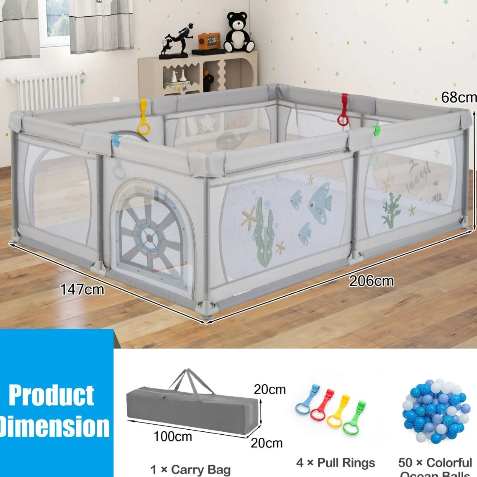 Kinder Little Helper XXL Baby Laufgitter und Bällebad mit Tragetasche & Aufziehringen | Netzgewebe | 2,5 x 1,47 m | Fish Friends | Grau