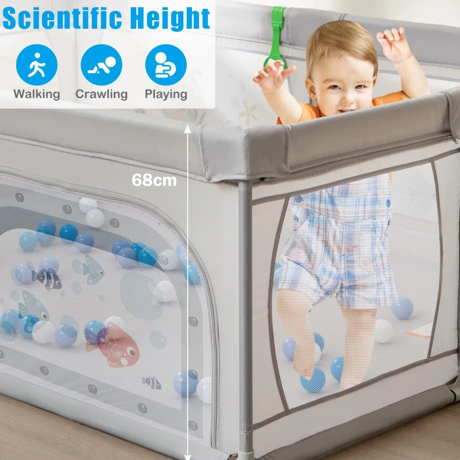 Kinder Little Helper XXL Baby Laufgitter und Bällebad mit Tragetasche & Aufziehringen | Netzgewebe | 2,5 x 1,47 m | Fish Friends | Grau