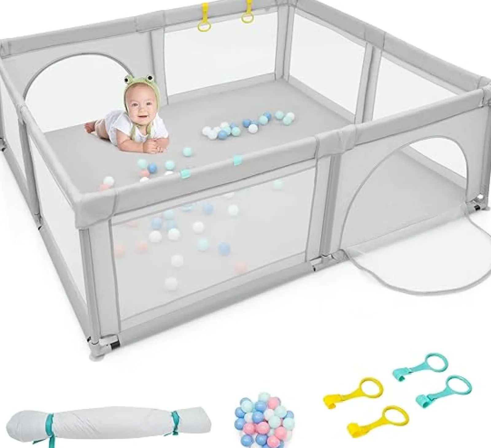 Kinder Little Helper XXL Baby Laufstall und Bällebad | 50 Bälle GRATIS & 4 Aufziehringe GRATIS | 2m x 1,92m | Grau