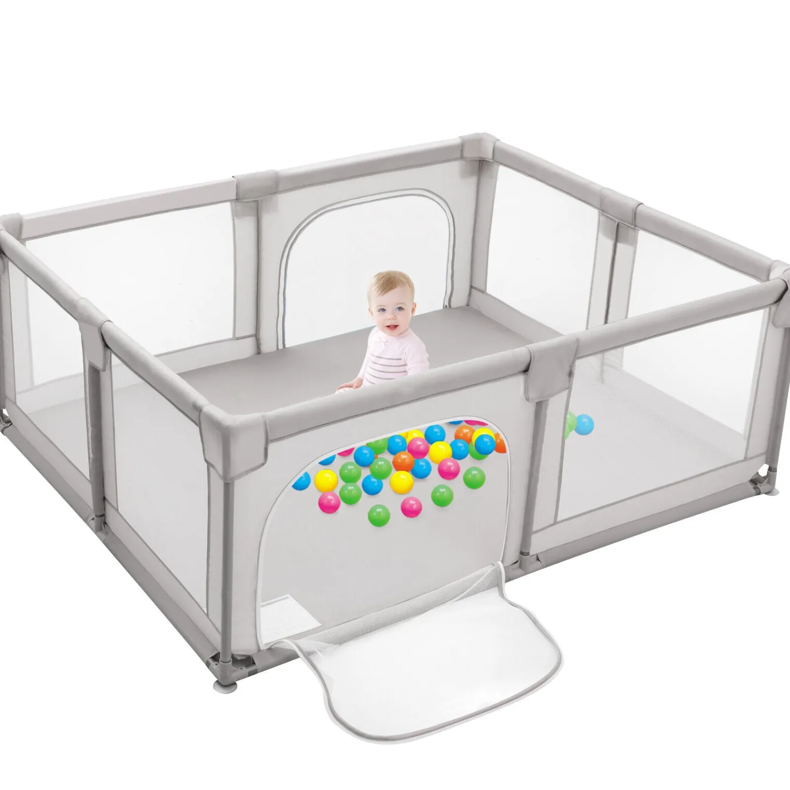 Kinder Little Helper XXL Baby Laufstall und Bällebad | 50 Bälle GRATIS & 4 Aufziehringe GRATIS | 2m x 1,92m | Grau