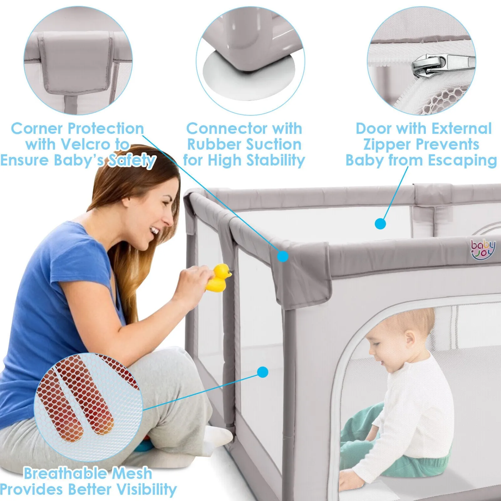Kinder Little Helper XXL Baby Laufstall und Bällebad | 50 Bälle GRATIS & 4 Aufziehringe GRATIS | 2m x 1,92m | Grau