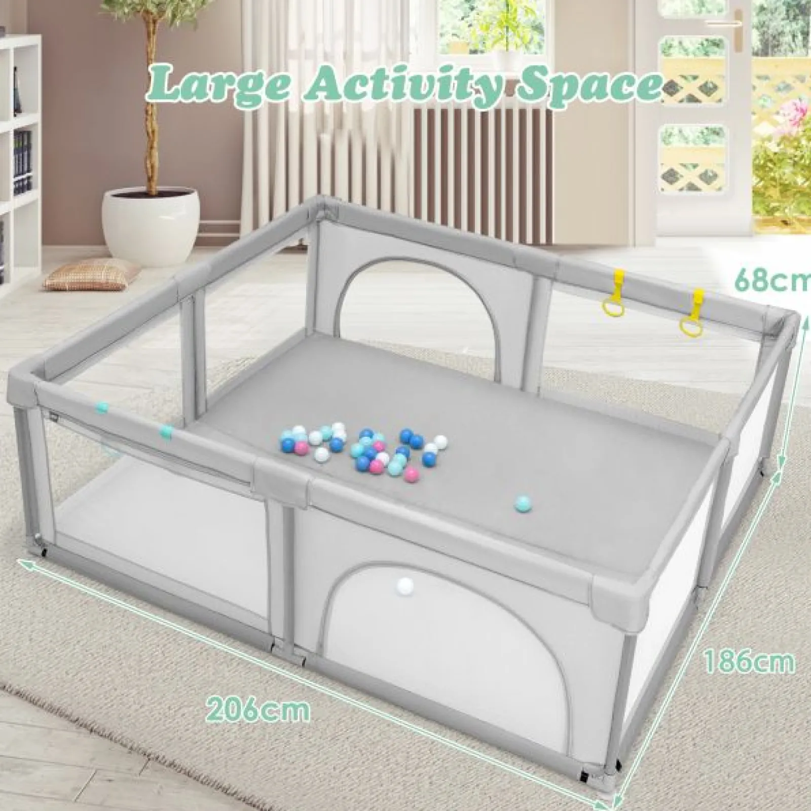 Kinder Little Helper XXL Baby Laufstall und Bällebad | 50 Bälle GRATIS & 4 Aufziehringe GRATIS | 2m x 1,92m | Grau