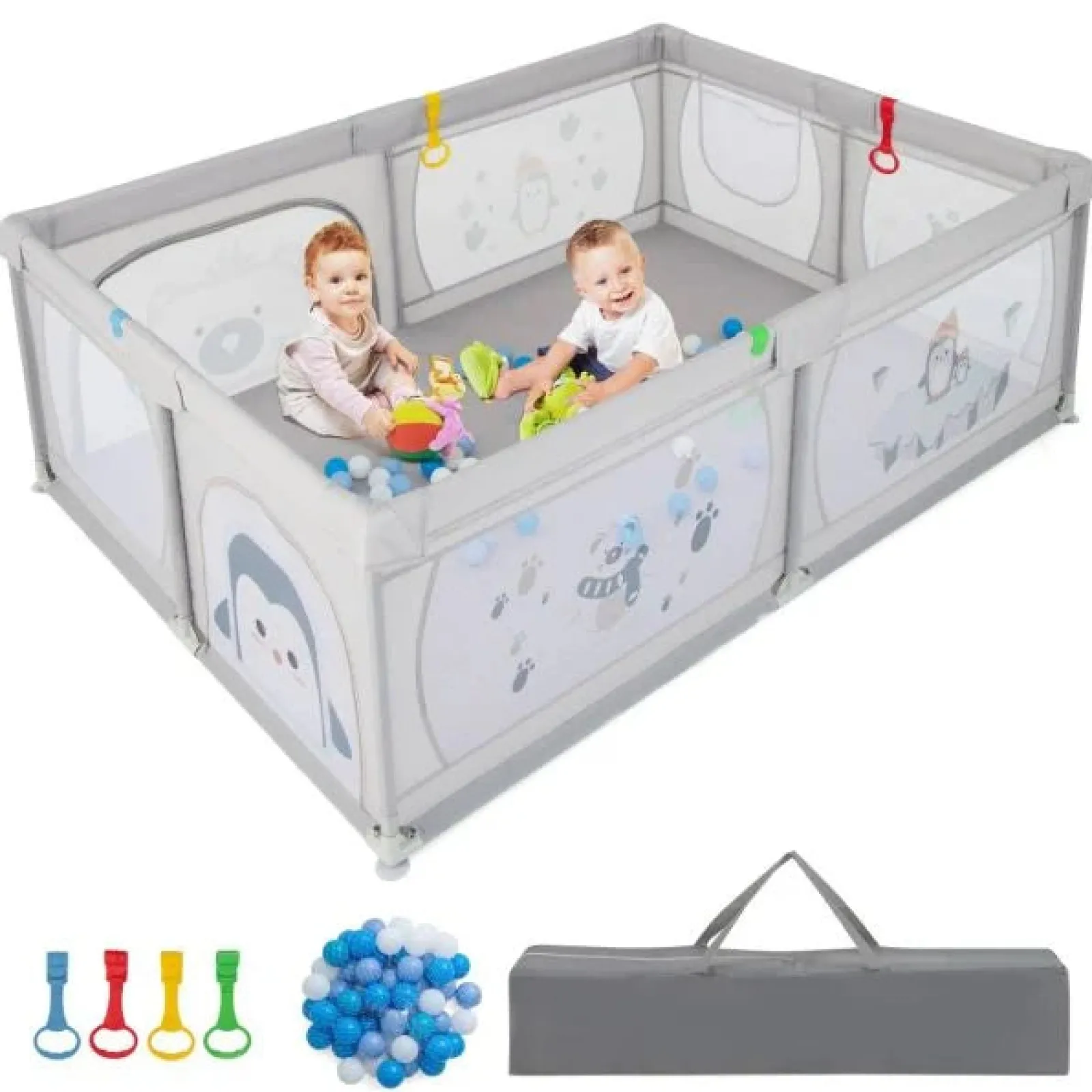 Kinder Little Helper XXL Baby Laufstall und Bällebad mit Tragetasche & Aufziehringen | Netzgewebe | 2,0 x 1,47 m | Polar Pals | Grau