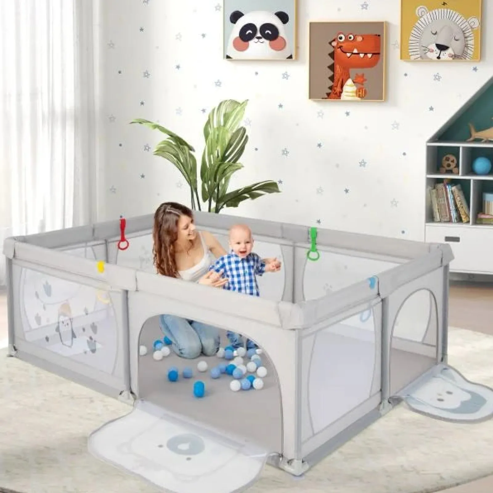 Kinder Little Helper XXL Baby Laufstall und Bällebad mit Tragetasche & Aufziehringen | Netzgewebe | 2,0 x 1,47 m | Polar Pals | Grau