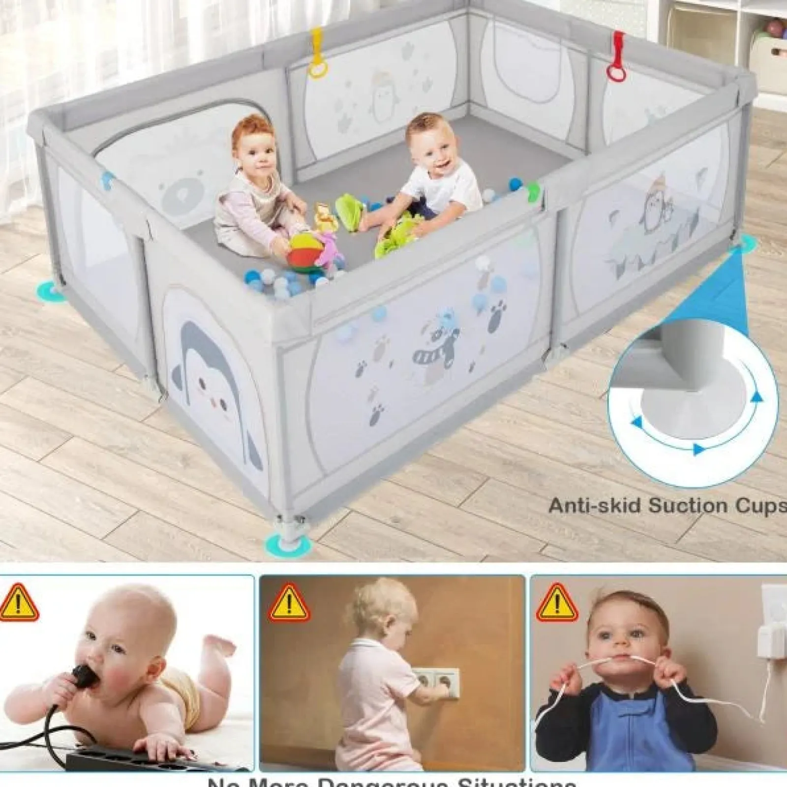 Kinder Little Helper XXL Baby Laufstall und Bällebad mit Tragetasche & Aufziehringen | Netzgewebe | 2,0 x 1,47 m | Polar Pals | Grau