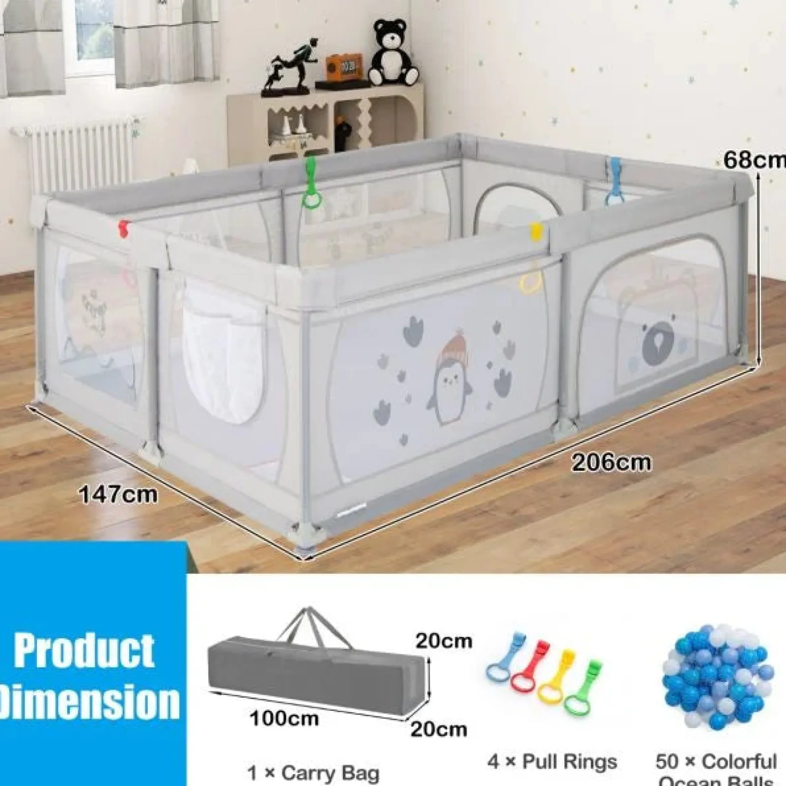 Kinder Little Helper XXL Baby Laufstall und Bällebad mit Tragetasche & Aufziehringen | Netzgewebe | 2,0 x 1,47 m | Polar Pals | Grau