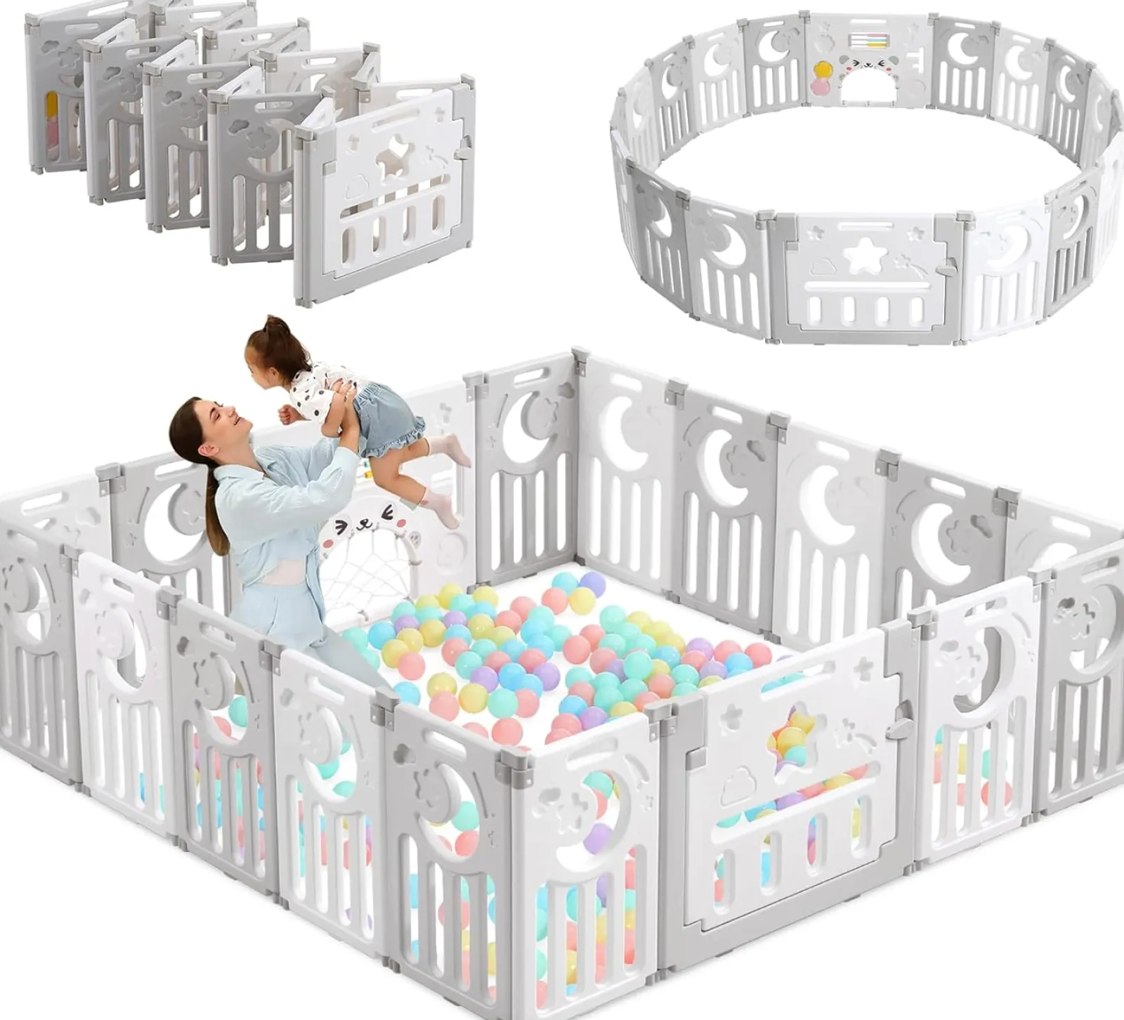 Kinder Little Helper XXL faltbarer Baby-Laufstall und Bällebad | Modular | Grau & Weiß | Ab 6 Monaten