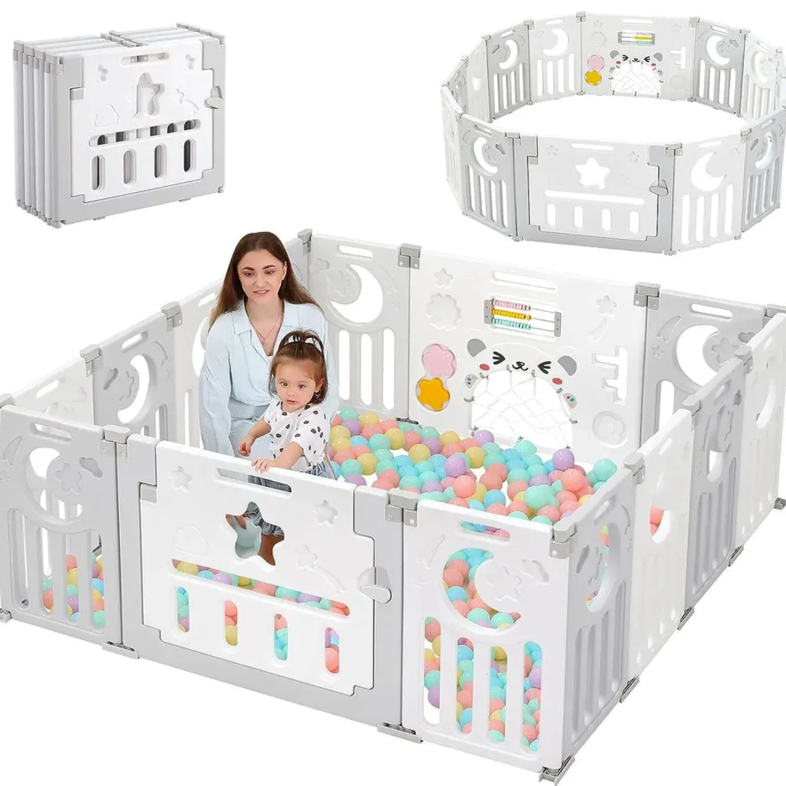 Kinder Little Helper XXL faltbarer Baby-Laufstall und Bällebad | Modular | Grau & Weiß | Ab 6 Monaten
