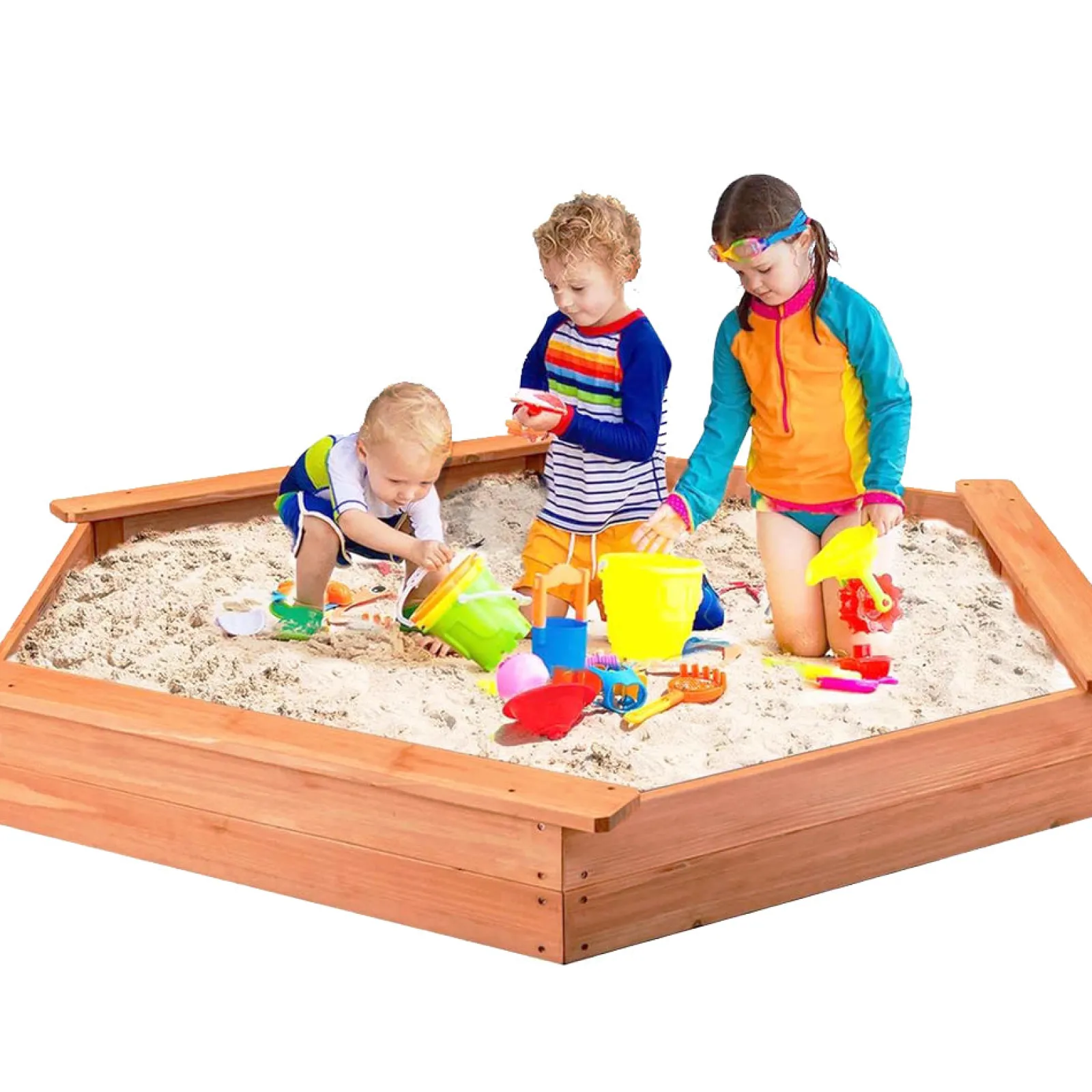 Little Helper XXL Premium Hexaganol Öko-Sandkasten aus Tannenholz für Montessori mit GRATIS Bodeneinlage und Abdeckung | 1,86 x 1,63 m