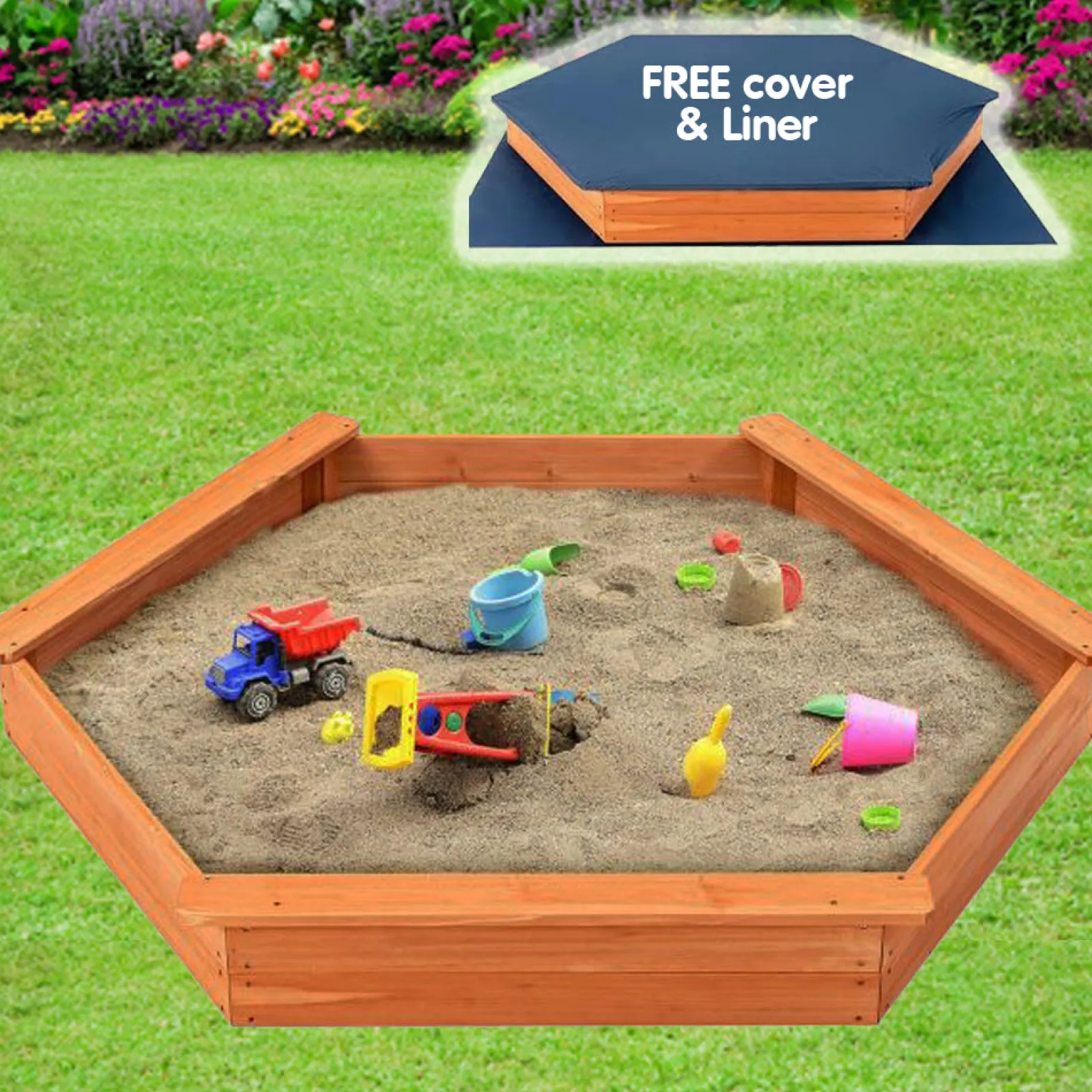 Little Helper XXL Premium Hexaganol Öko-Sandkasten aus Tannenholz für Montessori mit GRATIS Bodeneinlage und Abdeckung | 1,86 x 1,63 m