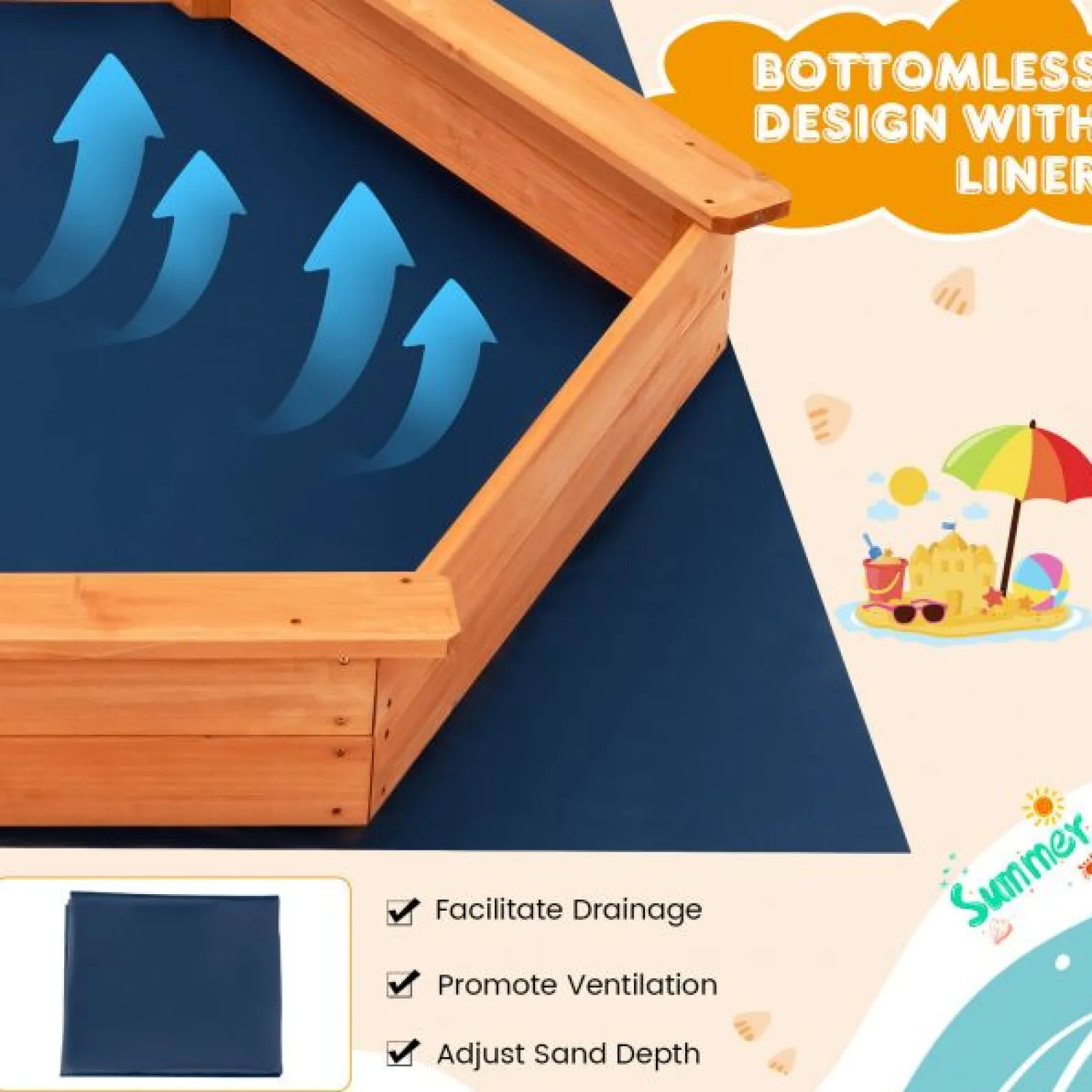 Little Helper XXL Premium Hexaganol Öko-Sandkasten aus Tannenholz für Montessori mit GRATIS Bodeneinlage und Abdeckung | 1,86 x 1,63 m