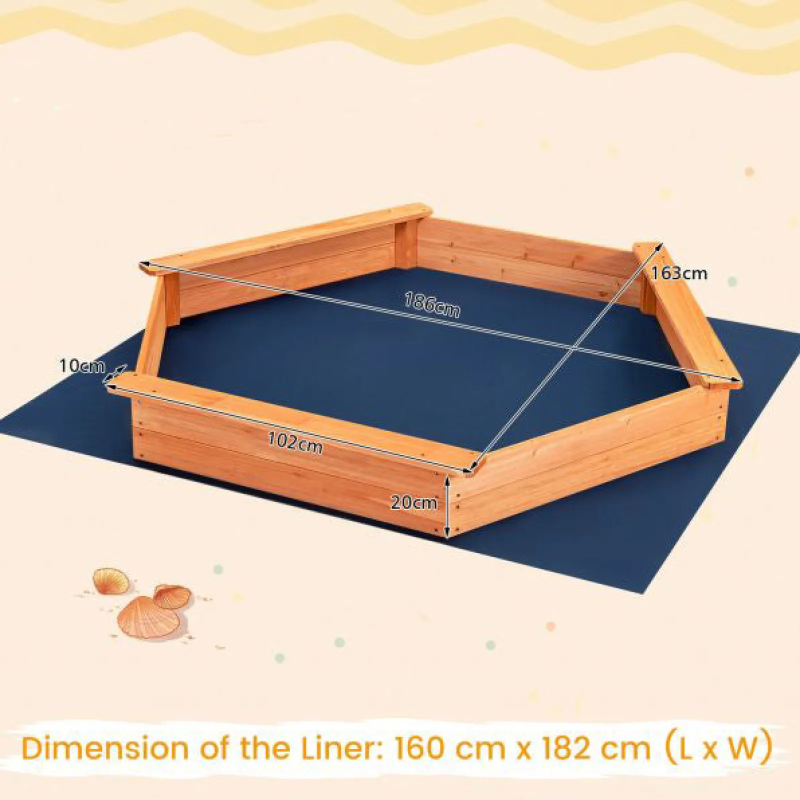 Little Helper XXL Premium Hexaganol Öko-Sandkasten aus Tannenholz für Montessori mit GRATIS Bodeneinlage und Abdeckung | 1,86 x 1,63 m