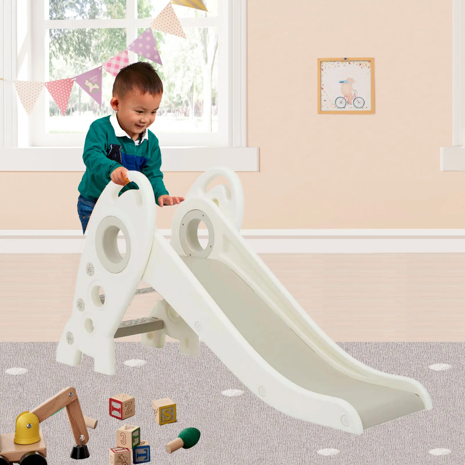 Kinder Little Helper Zusammenklappbare Montessori-Rutsche für Kinder | umweltbewusste Raketenrutsche | drinnen und draußen | weiß und grau | 24m+