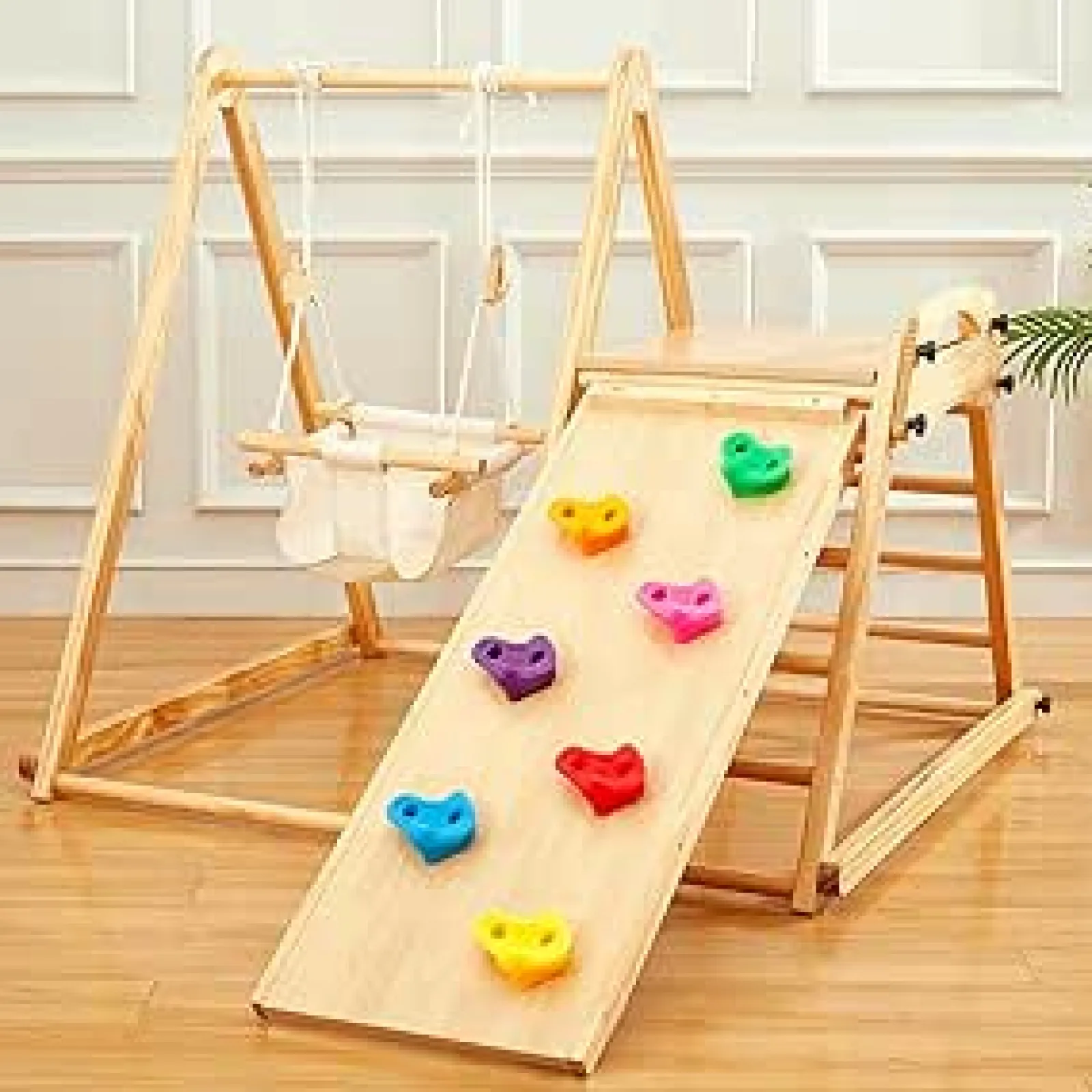 Kinder Little Helper Zusammenklappbares Pikler 4-in-1-Klettergerüst für Kleinkinder aus Öko-Kiefernholz für den Innenbereich | Wirbelsäulenstützende Schaukel | 6 Monate - 5 Jahre