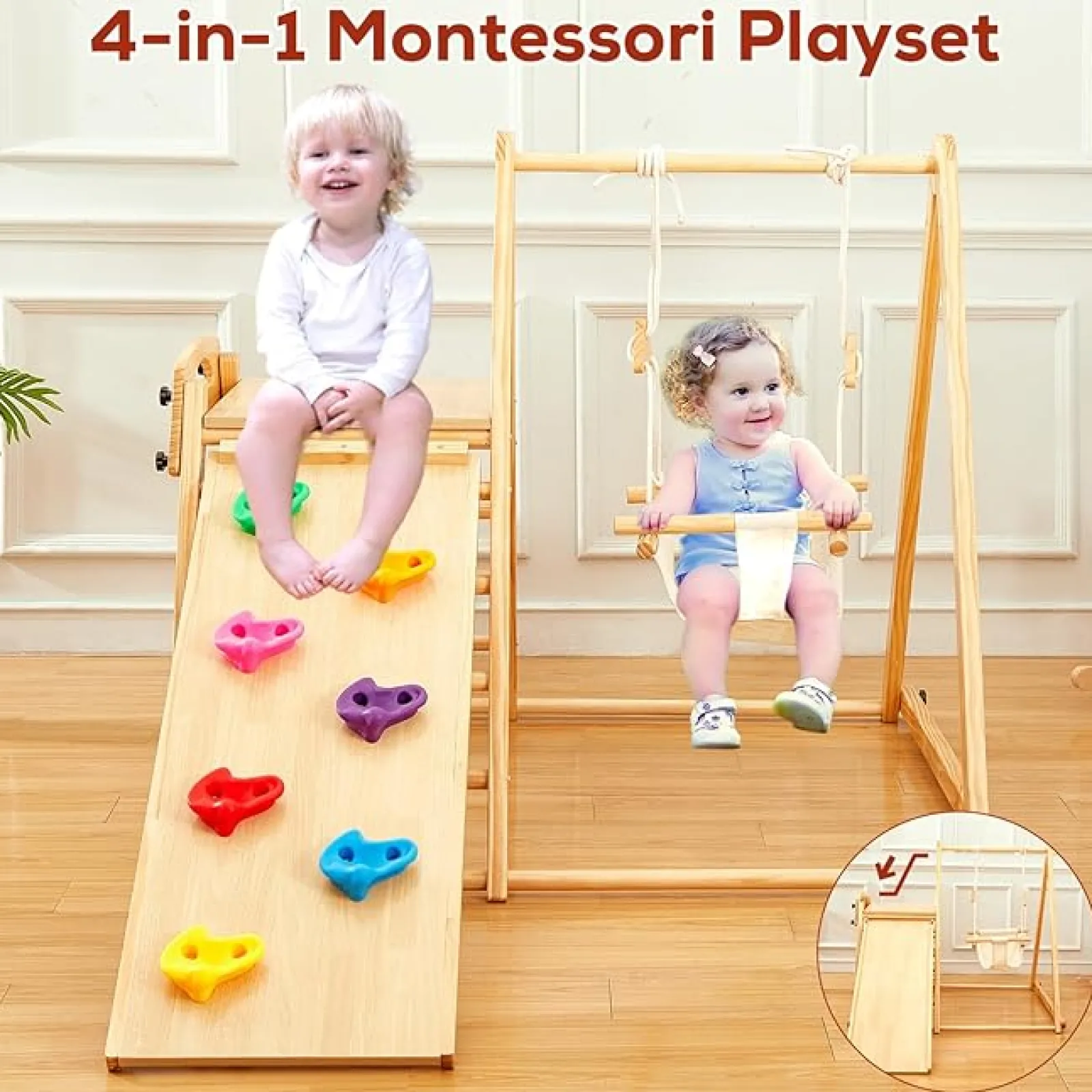 Kinder Little Helper Zusammenklappbares Pikler 4-in-1-Klettergerüst für Kleinkinder aus Öko-Kiefernholz für den Innenbereich | Wirbelsäulenstützende Schaukel | 6 Monate - 5 Jahre